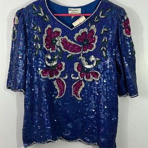 Vintage Elegance by Anujan  Silk Floral Sequins Beaded Embellished  Top, medium